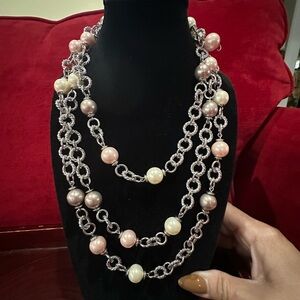 Long Silver and Pearl Necklace